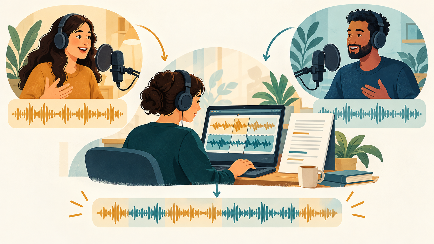 Uma editora de podcast revisa pistas separadas dos participantes, uma transcrição e a linha do tempo final