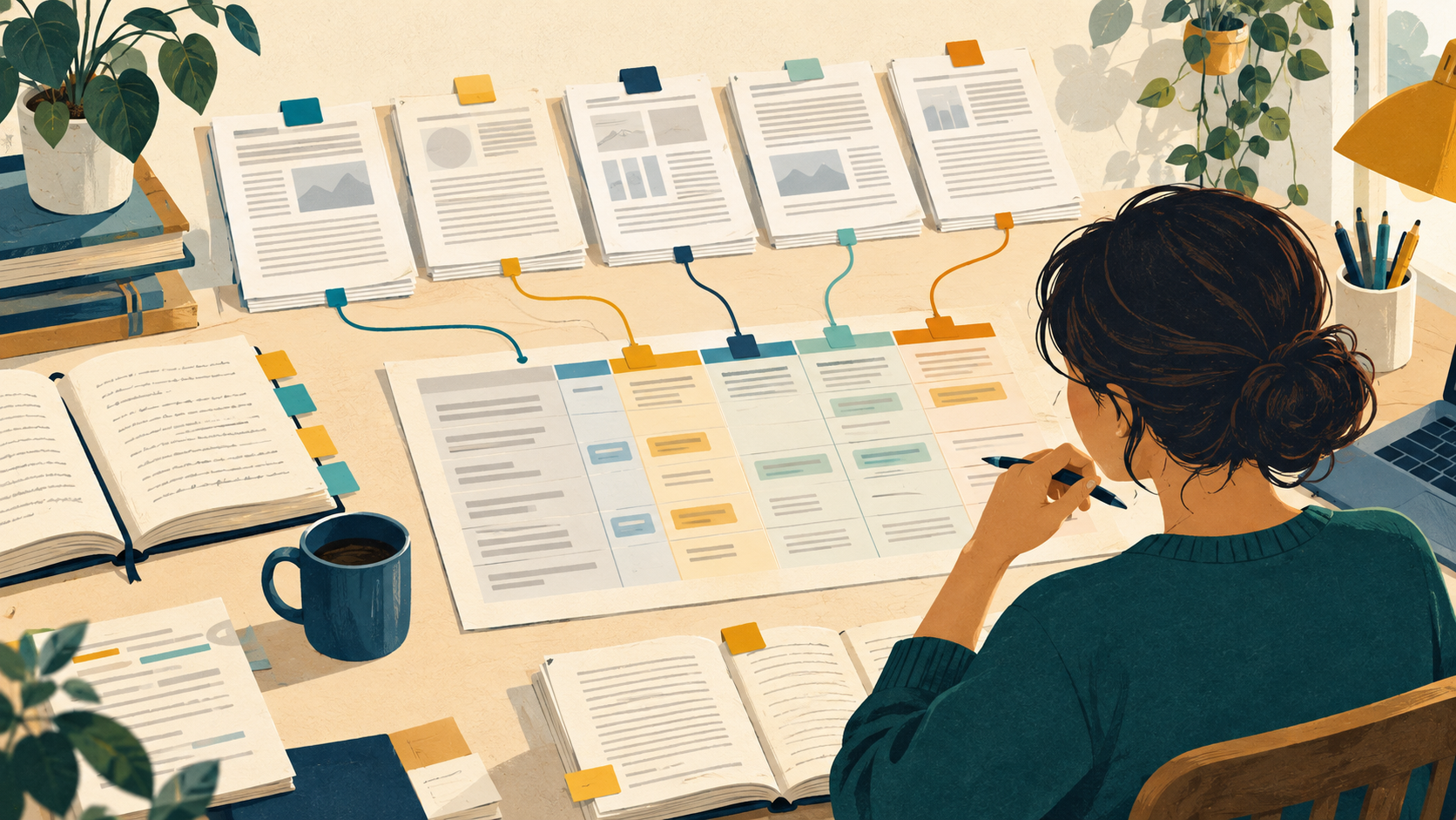A researcher traces notes in an evidence table back to the original papers