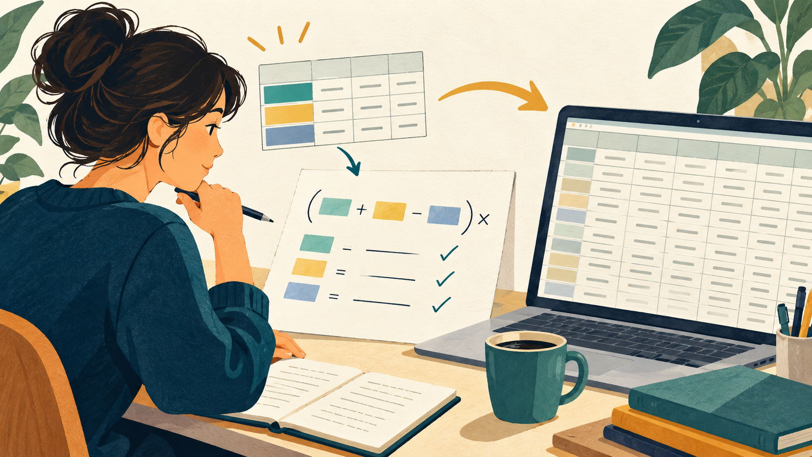 An analyst reviews sample rows and a handwritten calculation before applying a spreadsheet formula