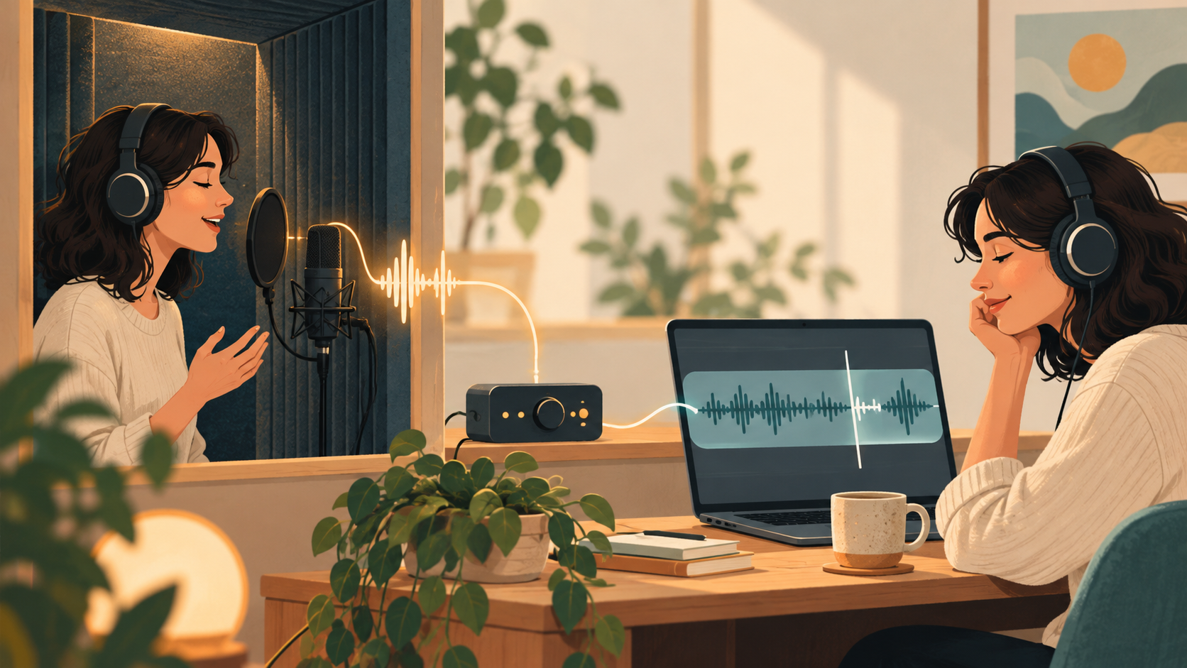 A creator records their own voice, generates narration, and listens back through headphones