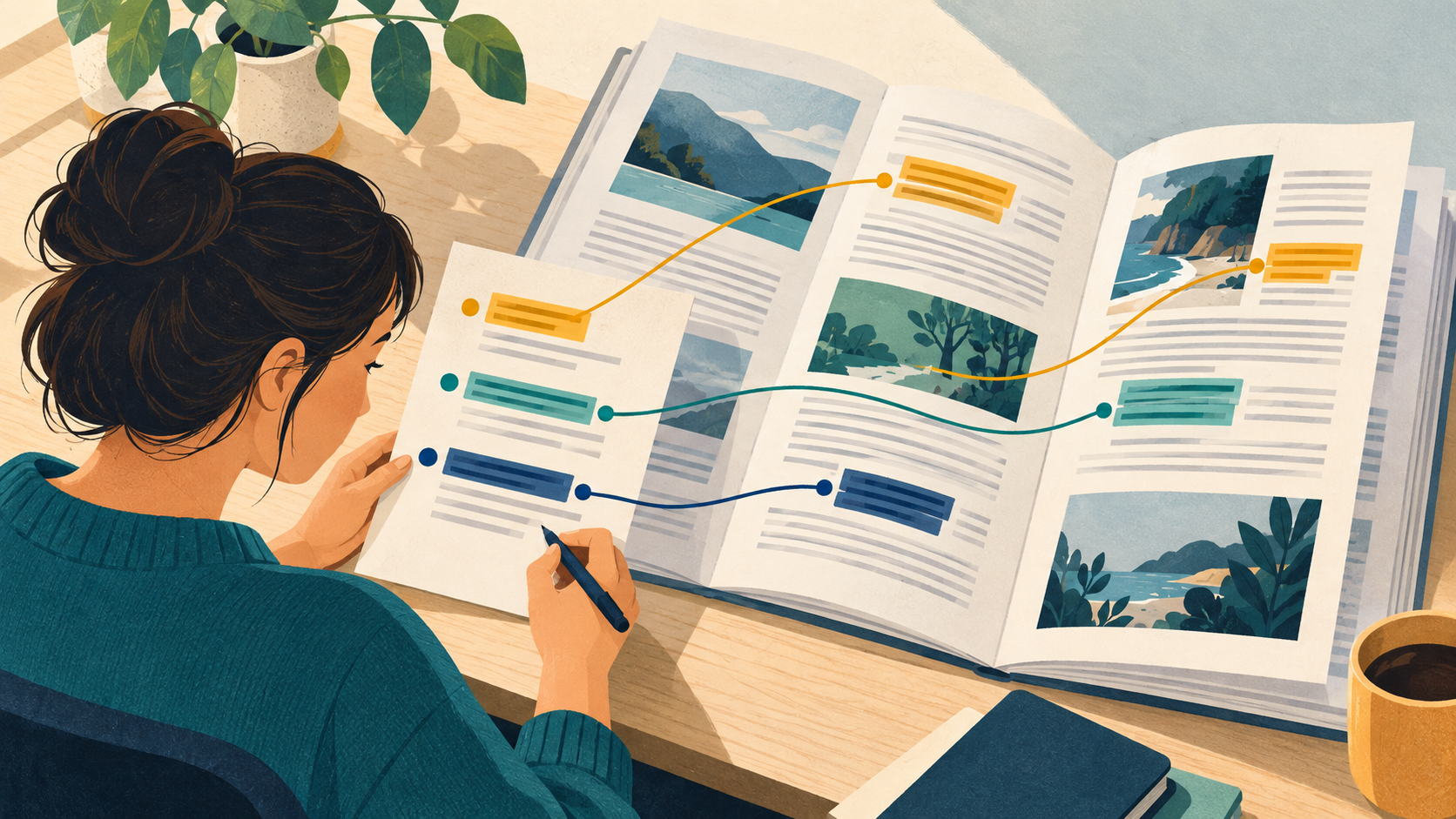 A reader cross-checks a short summary against passages in the original report