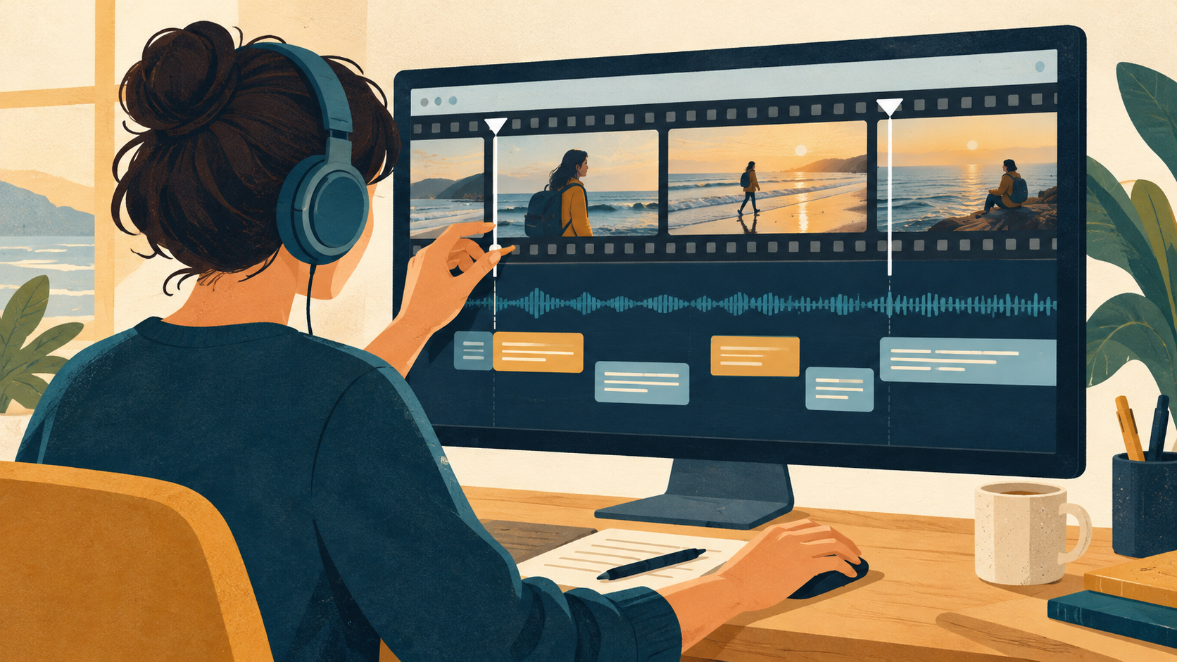 A video editor aligns subtitle blocks with a filmstrip and reviews the timing through headphones
