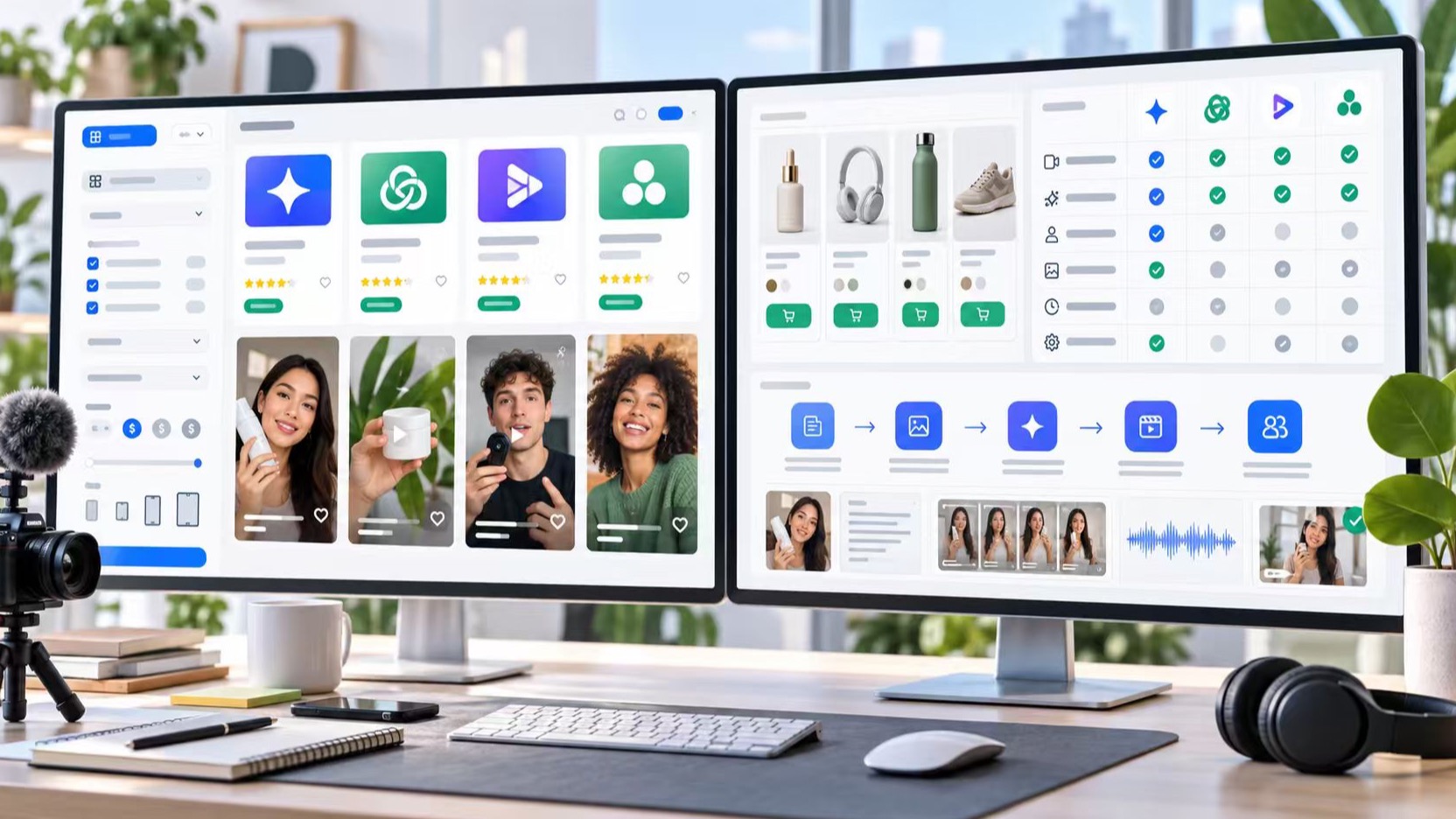 AI UGC video tools displayed across a creator workflow and comparison dashboard